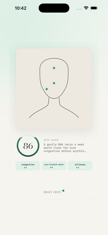 A mori nori skin report — score 86 with findings pinned on the face