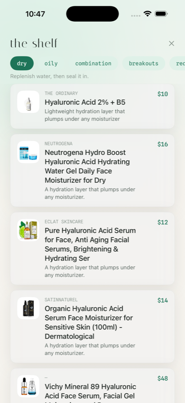 Curated shelf ranked by skin fit